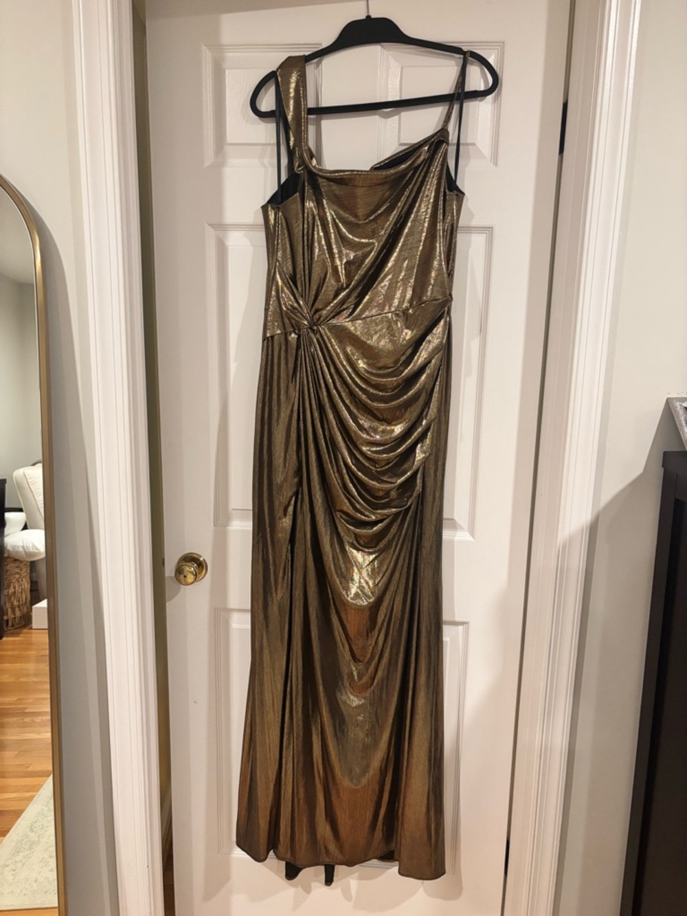 Mac Duggal Metallic Gold Grecian One-Shoulder Gown | Nordstrom | Size 14